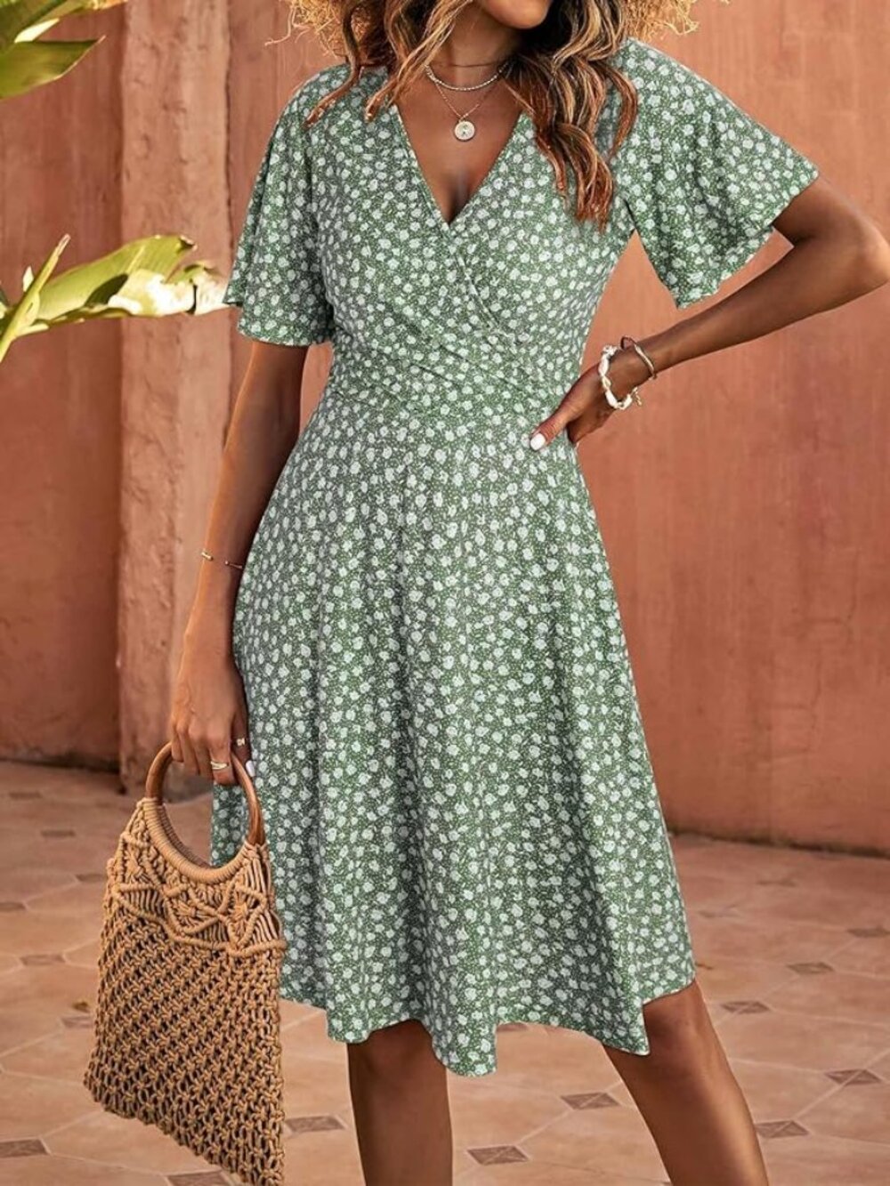 Fensace V-Neck Sundress Size Large - Green Floral NWT